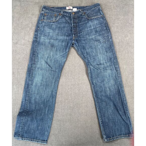 Levis 501 Jeans Men 38x32 Blue Straight Leg Button Fly Distressed Denim Classic